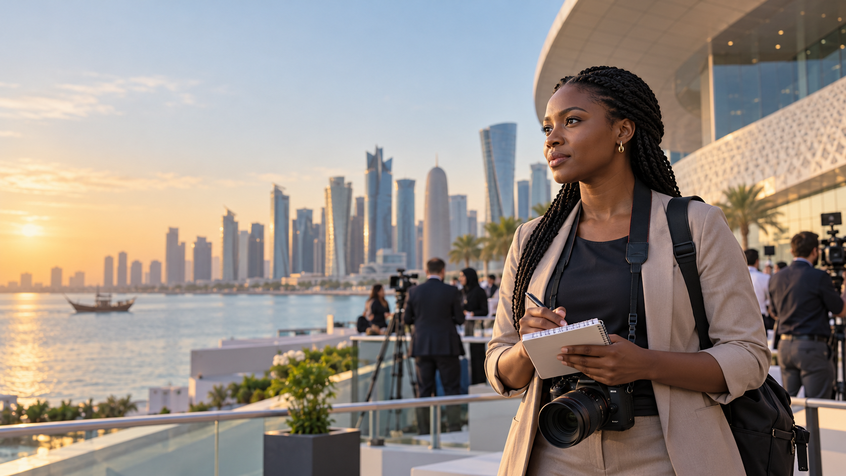Journaliste congolaise préparant un reportage dans un centre de conférence à Doha